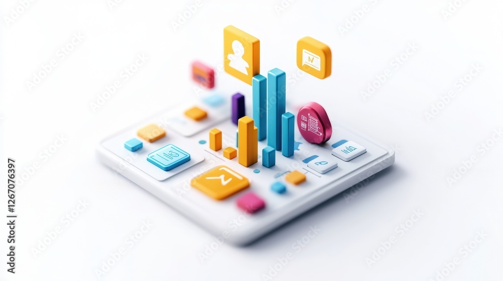 Poster cell phone displaying colorful icons with digital marketing data analysis and performance metrics on