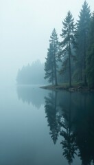 Fototapeta premium Misty lake surface reflects towering trees with silvery gray hues, mist, clouds