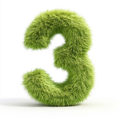 bold number "3" covered in vibrant green, soft, and fluffy grass-like texture, isolated on a white background. A creative and eco-friendly concept representing nature, sustainability, and freshness