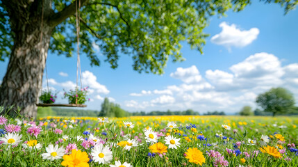 Obraz premium Spring meadow, swing, tree, flowers, blue sky, idyllic landscape, nature postcard