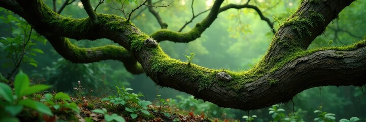 Moss and lichen entwine gnarled tree branches, verdant, nature