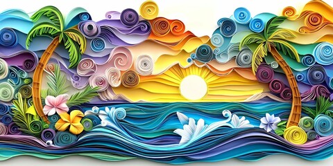 Fototapeta premium Urban Tourist attractions paper quilling concept. Colorful paper art depicting a sunset over the ocean with palm trees and waves.