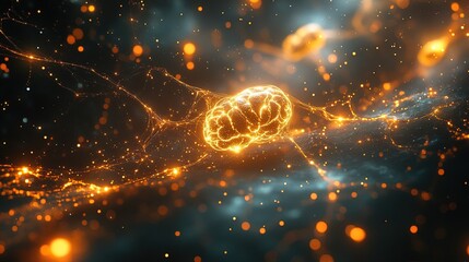 A conceptual representation of glowing AI brain networks interacting with data streams, futuristic and sleek 