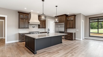 Bright and Airy Kitchen Featuring a Spacious Island Surrounded by Modern Design Elements and Natural Light Streaming Through a Large Window Creating an Inviting Culinary Experience