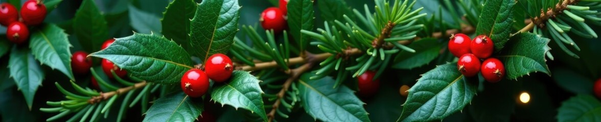 Obraz premium Natural fir branch composition with holly leaves, foliage, holiday, branches