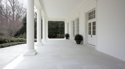 Fototapeta premium White columns of the West Colonnade at the White House stand along an empty walkway under bright daylight.
