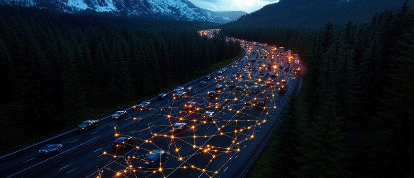 Long highway illuminated at night with digital network overlay showcasing traffic efficiency and connectivity