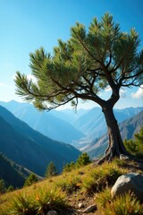 Obraz premium Olive tree against blue sky background with pine branches, wilderness, leaf, alps