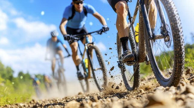 Mountain bikers riding on dirt trail, showcasing speed and adventure. scene captures excitement of outdoor cycling in nature