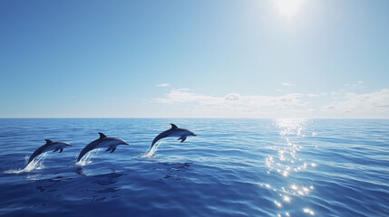 Fototapeta premium Dolphins jumping over calm ocean waters under bright sun, creating serene atmosphere