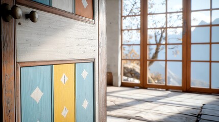Cozy room with a colorful door, sunlight streaming through large windows showcasing a mountain view.