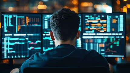 young male employee is focused on working with multiple computer screens displaying data and graphs in dimly lit office environment