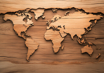 world map crafted from tree bark is displayed on sepia toned background, creating vintage and textured appearance. intricate design highlights continents with natural and earthy aesthetic