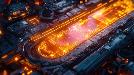 Fototapeta premium A close-up of glowing circuitry embedded in a futuristic research tool, detailed and innovative 