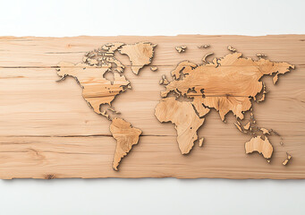 world map crafted from tree bark is displayed on grunge background, offering vintage and rustic aesthetic. natural wood texture adds organic feel to artistic representation of continents