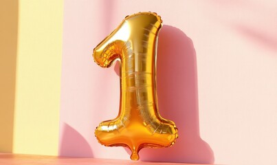 A shiny golden number one balloon against a pastel pink and yellow background, celebrating a birthday