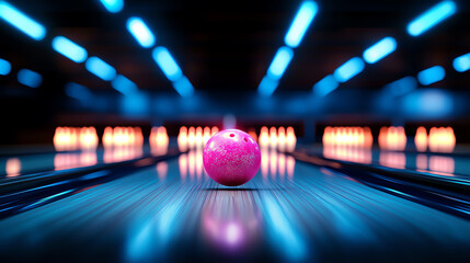 vibrant neon bowling alley features colorful pink bowling ball on polished lane, illuminated by bright blue lights and laser beams