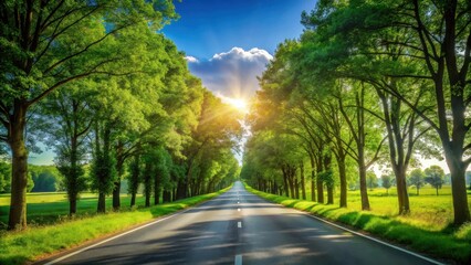 Fototapeta premium Asphalt road lined with lush green trees under a bright summer sun