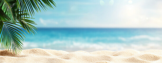 serene tropical beach scene with palm leaves and white sand under clear blue sky
