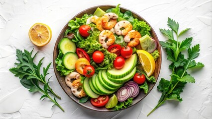 A vibrant and healthy shrimp and vegetable salad in a rustic bowl, featuring avocado, cucumber, tomatoes, and fresh herbs