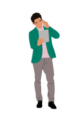 Young business man using gadgets. Casual businessman holding digital tablet, talking by phone. Male cartoon character Vector realistic illustration isolated on transparent background.