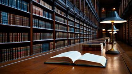 old law library interior with wooden bookshelves and open book on table, illuminated by classic lamps, creating scholarly atmosphere