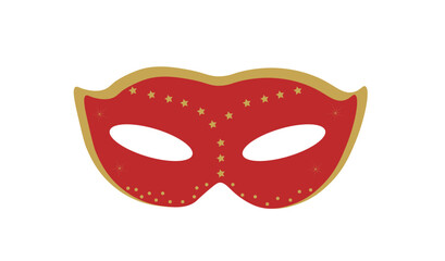 The theatrical mask is red on a white background,