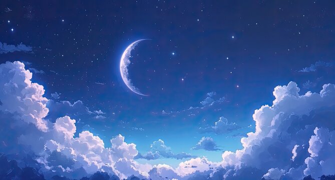 Crescent moon, starry night, cloudscape, peaceful, digital art, wallpaper