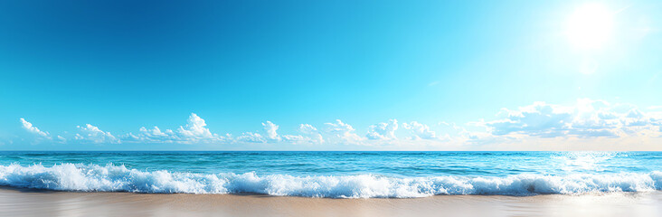 panoramic view of beautiful sea with waves gently crashing on sandy shore under clear blue sky, creating serene and tranquil atmosphere