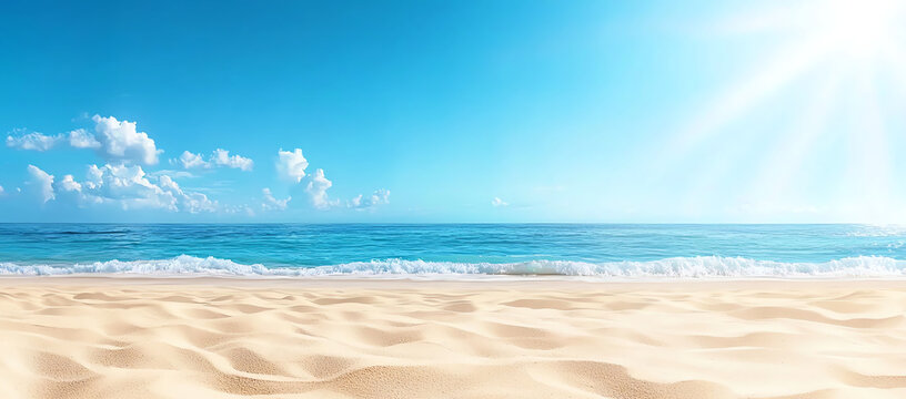 panoramic view of beautiful beach with white sand and clear blue water under sunny sky, creating serene and inviting atmosphere
