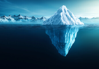 large iceberg floats in calm ocean waters, with its massive submerged portion visible beneath surface, illustrating concept of hidden depths