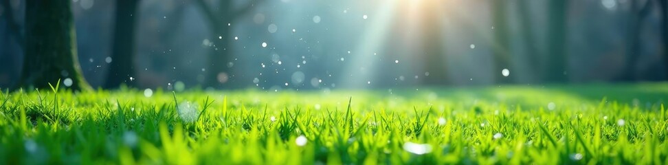 Obraz premium Snowflakes falling on a green grass field with bare trees, field, gentle, peaceful