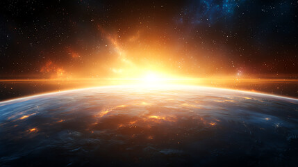 breathtaking view of futuristic space landscape with glowing sunrise over distant planet, surrounded by stars and cosmic clouds