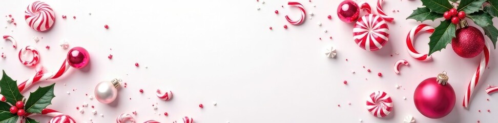 Swirls of peppermint pink on white background with festive holly leaves, ornaments, candy, peppermint