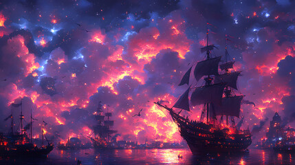 Fototapeta premium Crimson Sails Under a Starry Veil: A fleet of majestic ships sails through a twilight harbor, their silhouettes stark against a breathtaking sky of fiery clouds and twinkling stars.