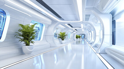 Obraz premium futuristic hallway with sleek white walls, bright lighting, and green plants creates serene atmosphere