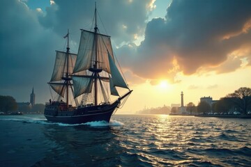 Tall ship on the River Clyde during stormy weather, sailboat, cargo