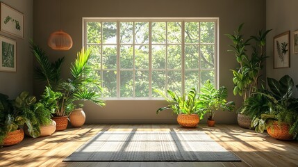 Lush Indoor Oasis Featuring a Variety of Vibrant Green Plants in a Cozy Room Bathed in Natural Light Creating a Refreshing and Tranquil Atmosphere Ideal for Relaxation and Rejuvenation