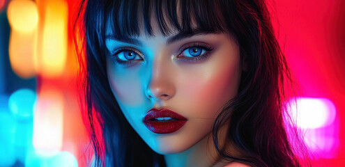 Naklejka premium Fashion model with black hair presents an alluring look featuring bold makeup while surrounded by bright, colorful lights in a stylish environment