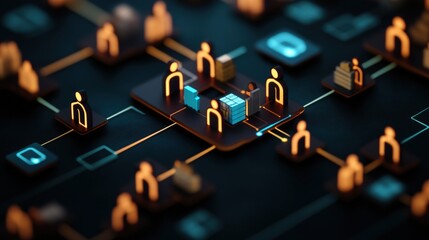 Group of people standing in line with colorful shapes representing distribution and logistics concepts