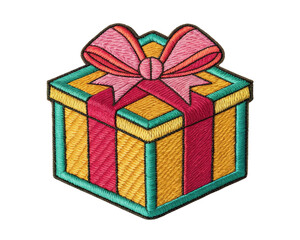 Obraz premium Colorful Embroidered Patch of a Gift Box with Ribbon for Festive Occasions and Celebrations