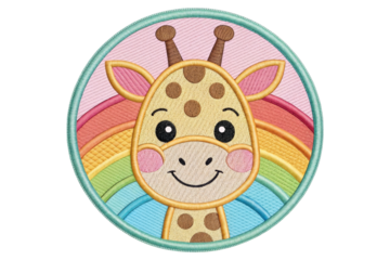 Cute Giraffe Embroidery Patch with Rainbow Background in Circular Design for Kids' Accessories