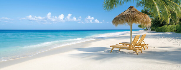 A  tropical beach scene with two wooden beach chairs positioned under a thatched umbrella. The chairs face a stunning turquoise ocean, vibrant blue, ,tropical beach ,natural beauty , coastal paradise.