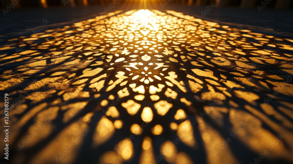 Poster warm sunlight casts intricate shadows on the ground, resembling delicate lace patterns created by or