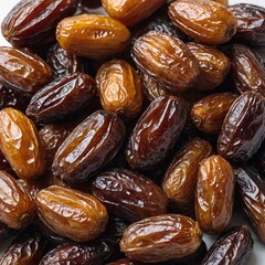 A pile of dates with wrinkled skin on a pure white background.