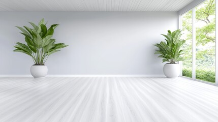 Minimalist room, plants, window view, nature; home decor