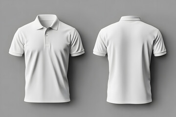 Mockup of a plain white polo shirt on a gray background showing front and back views.