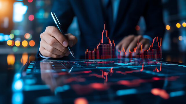 businessman is writing on digital tablet with graph, analyzing financial data in modern office setting. image conveys sense of focus and technology in financial sector