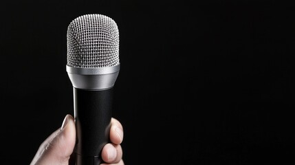 Hand holding microphone, dark background, speech, interview
