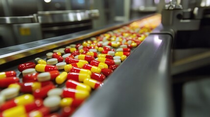 Pharmaceutical Production Line: Capsules Moving on Conveyor Belt